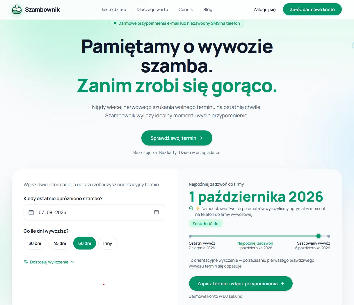 Zrzut ekranu aplikacji Szambownik — strona główna z kalkulatorem terminu wywozu szamba